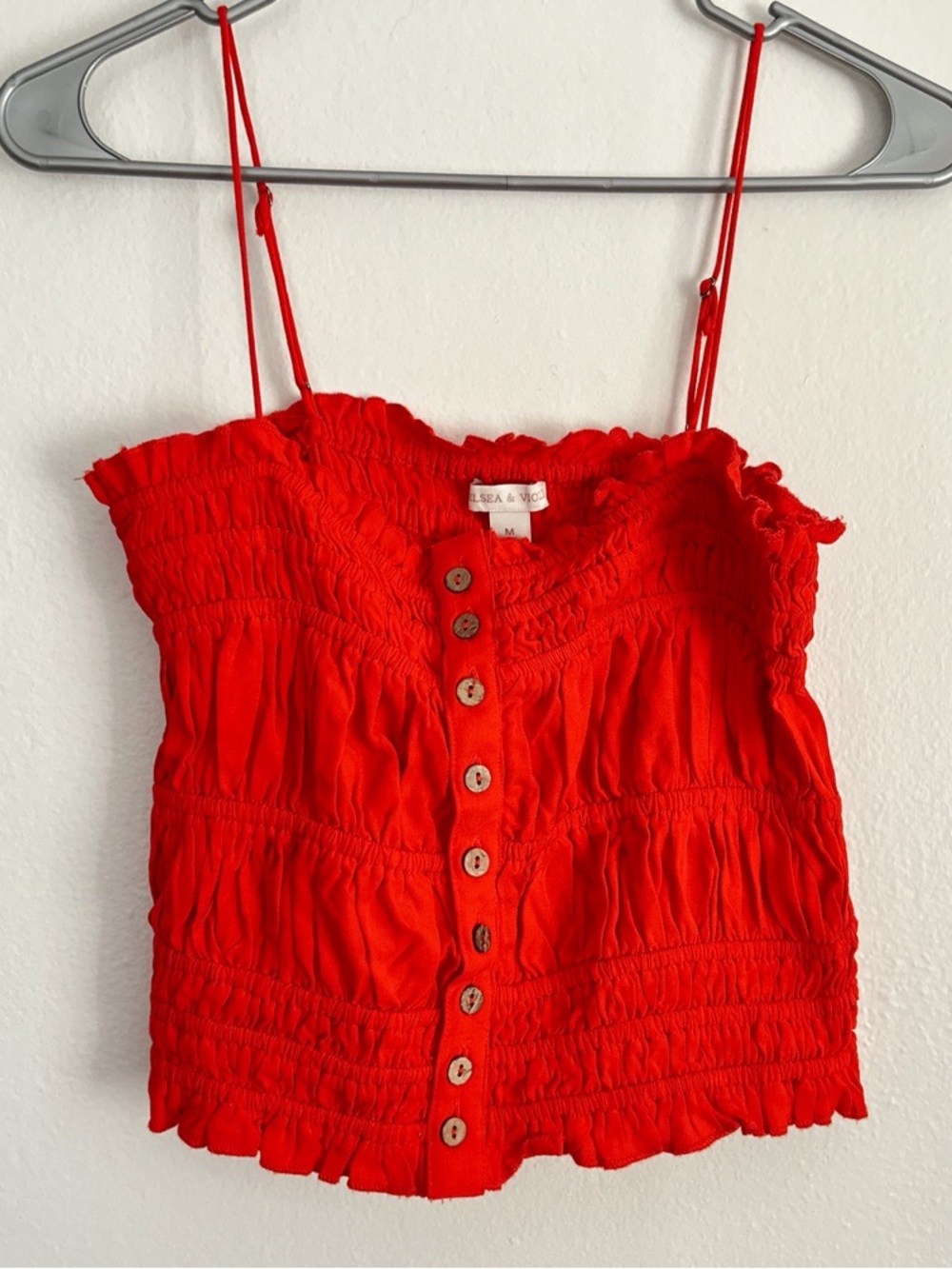 Chelsea & Violet Red Smocked Button-Front Spaghetti Strap Top